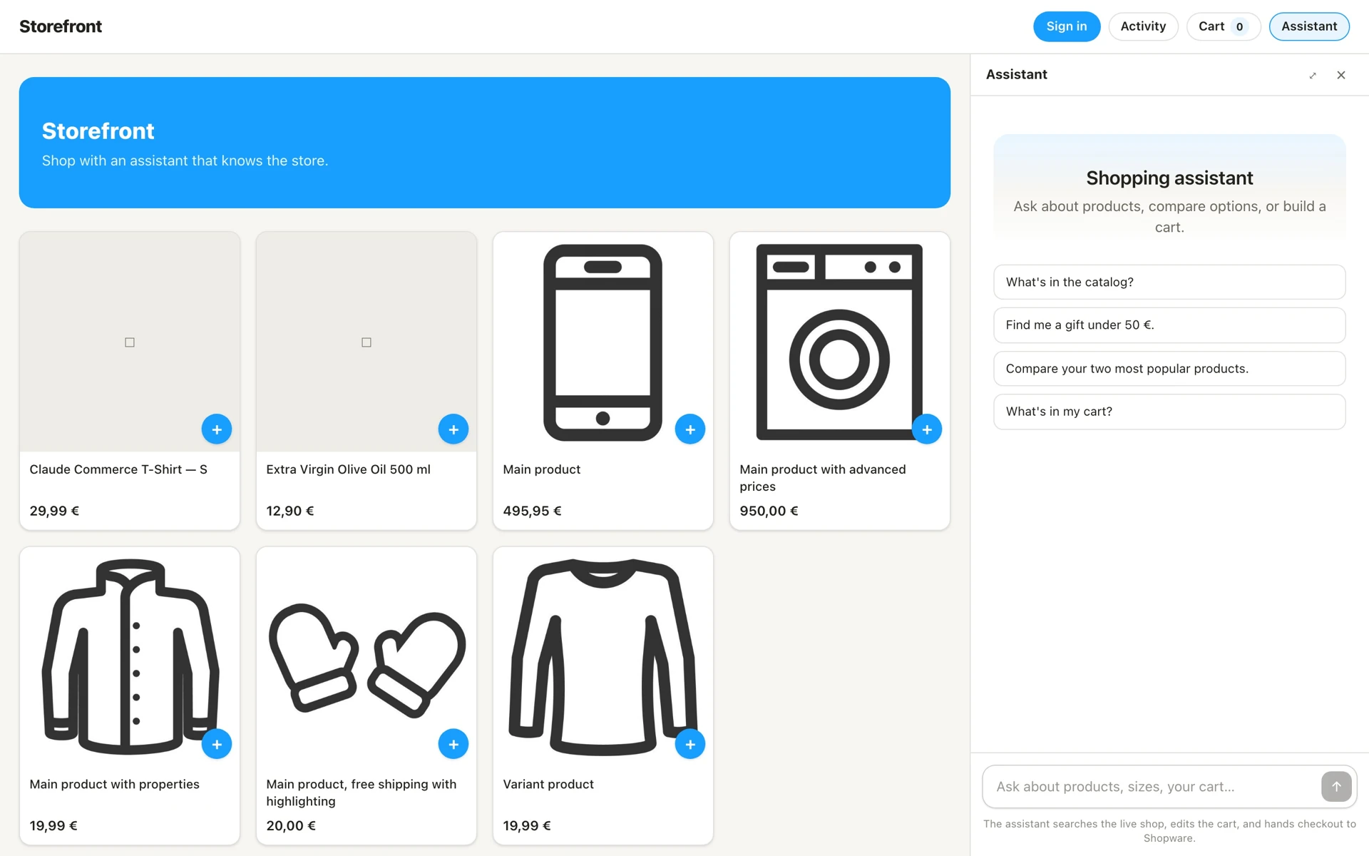 Original shopping-interface screenshot: catalog, assistant and cart use the same demo shop. Checkout is handed to Shopware. Source: Agentic Commerce Lab / Shopware. [S101]