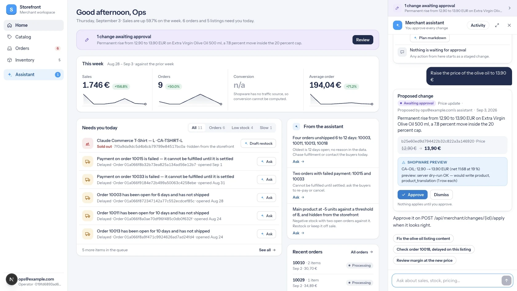 Original capture: previewing and approving a price change in the Shopware Lab