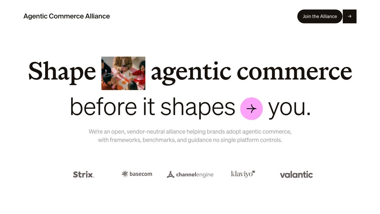Die Agentic Commerce Alliance stellt Händlerperspektive und Mitgestaltung in den Mittelpunkt. Originalaufnahme der Website vom 15. Oktober 2026. [S54]