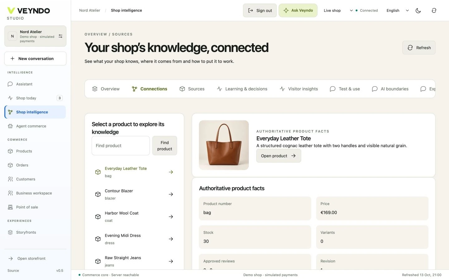 VEYNDO: original product-knowledge capture from a test shop. Product records, sources and relationships become available in one workspace. Source: Stefan Hamann. [S125]