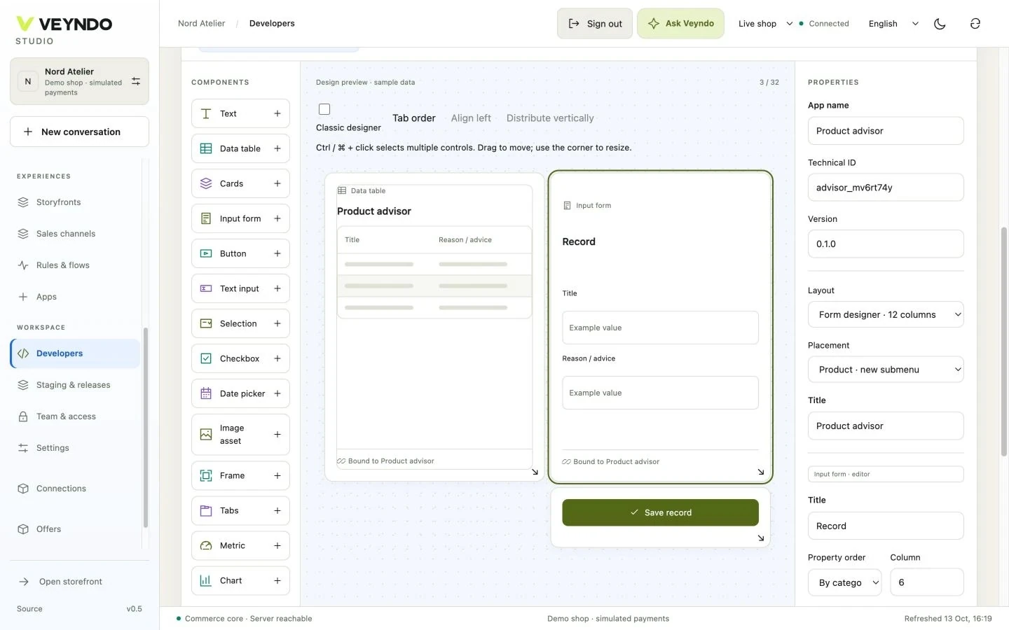 VEYNDO App Studio: Entwurf eines Product Advisor mit getrennter Vorschau und Veröffentlichung. Originalaufnahme aus einem Testshop. Quelle: Stefan Hamann. [S112]
