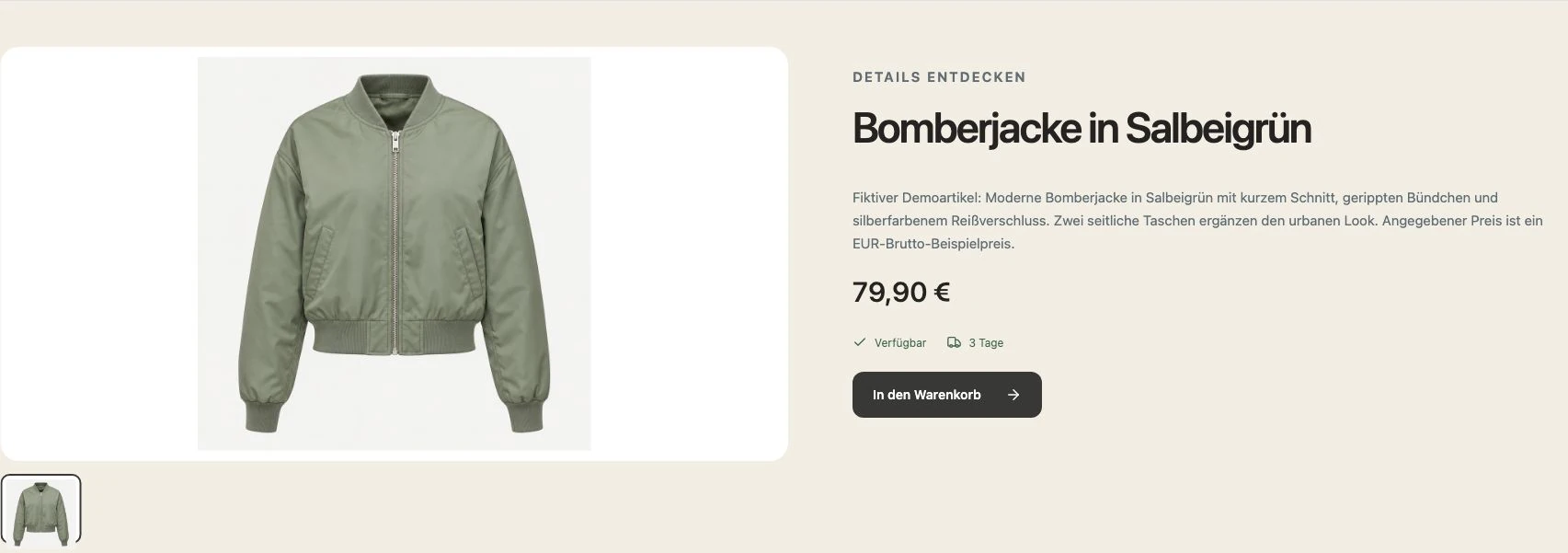 From the editorial opening to a specific jacket, price and purchase option. Storyfront demo from my VEYNDO experimental environment; German interface. [S129]