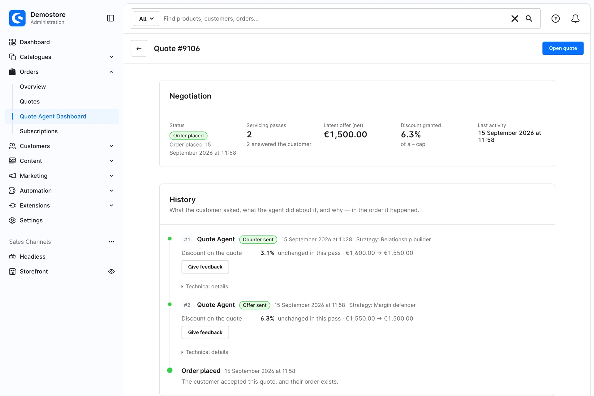 Gegenangebot und Bestellung in der Demo-Historie des Merchant Quote Agent. Quelle: Shopware Agentic Commerce Lab. [S100]