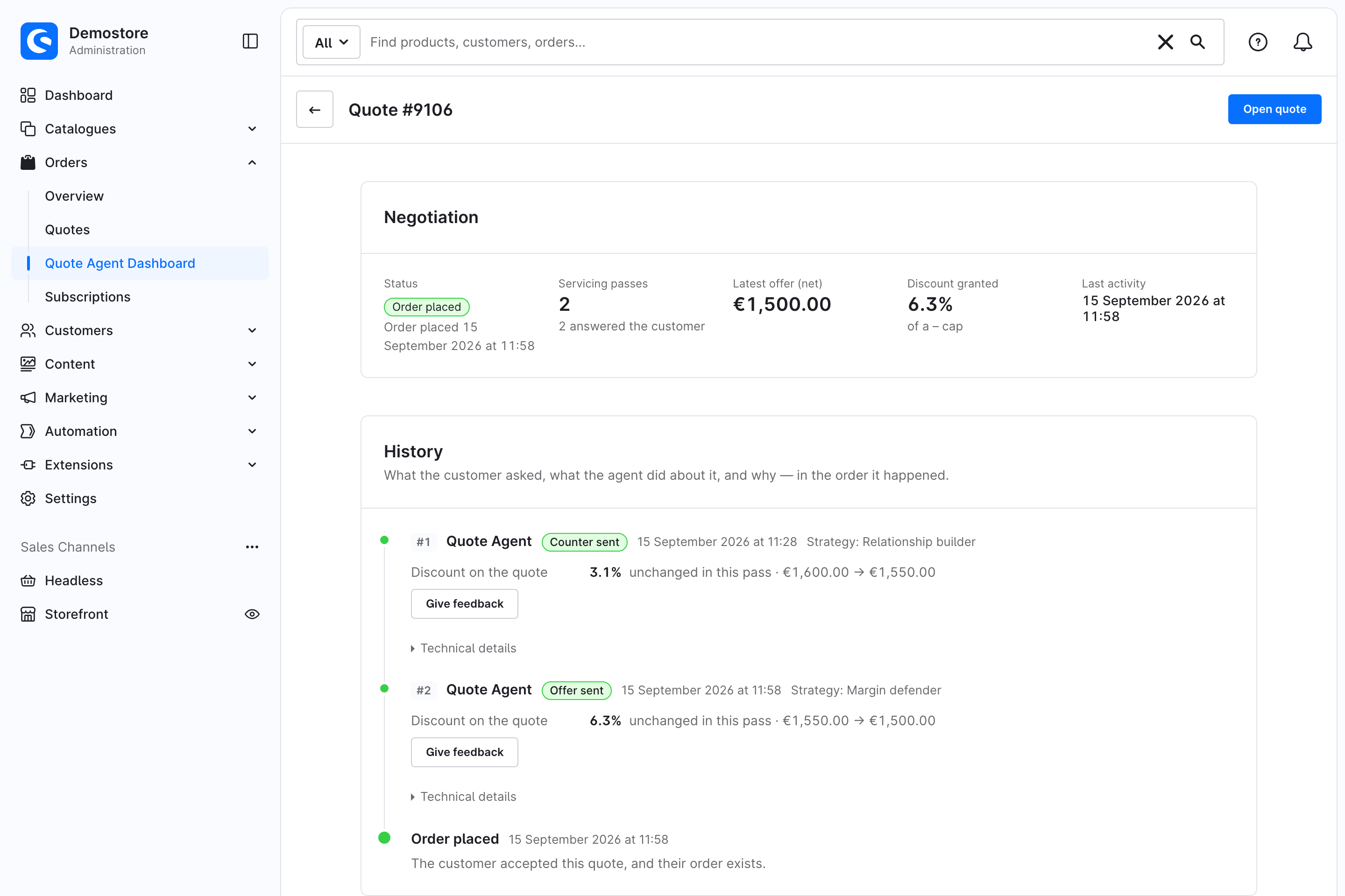 Originalaufnahme: Angebotsverlauf im Shopware Quote Agent Dashboard.